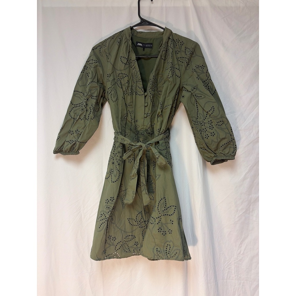 Zara Womens Olive Green Eyelet Embroidered Belted Mini Dress XS Khaki Cotton